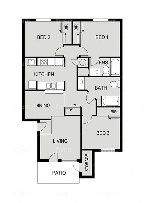 Floor plan for 3 beds, 2 baths, 1050 sqft